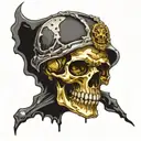 a decrepit skull made of gold and silver, eith no jaw bone, and with a big gem in the eye socket. it looks melted tattoo design idea