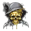 a decrepit skull made of gold and silver, eith no jaw bone, and with a big gem in the eye socket. it looks melted tattoo design idea