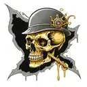 a decrepit skull made of gold and silver, eith no jaw bone, and with a big gem in the eye socket. it looks melted tattoo design idea