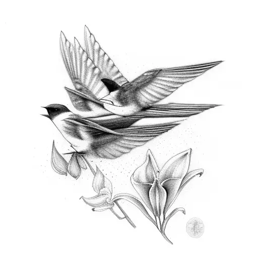 2 swallows in flight with lilies behind them in vertical line, one beautiful lily large with smaller foliage behind it tattoo design idea