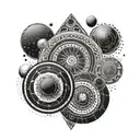 multiple crop circles in a straight line with tribal design and with the planets of the solar system around tattoo design idea