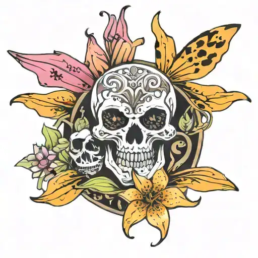 black Pokémon cup one skull surrounded by tiger lily flowers tattoo design idea