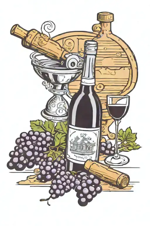 a professional wine opener and a durant wine opener sitting on a desk and a cork, grapes and a bottle of wine  tattoo design idea