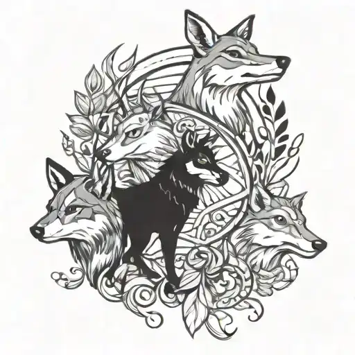 A Tattoo Design Of The Bond Between A Deer, a Wolf, And Raven To Represent Family And Resilience tattoo design idea
