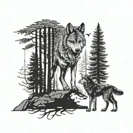 A powerful image of a therapist guiding a wolf through a forest tattoo design idea