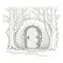 depressive, hidden hobbit door in a dark forest, crooked trees tattoo design idea
