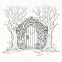 depressive, hidden hobbit door in a dark forest, crooked trees tattoo design idea