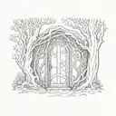 depressive, hidden hobbit door in a dark forest, crooked trees tattoo design idea