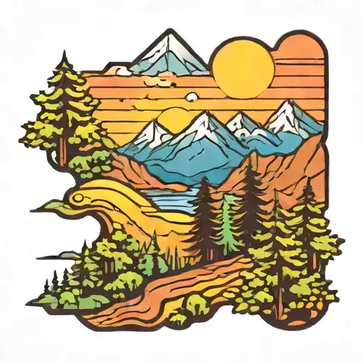 mountains, trees colors sunset using one sun tattoo design idea