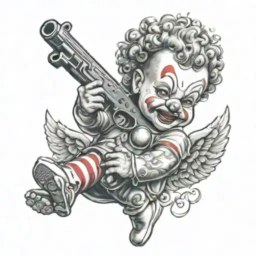 clown baby angel holding gun tattoo design idea