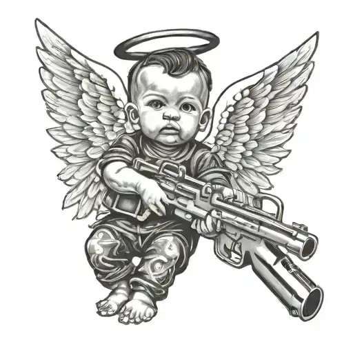 gangser tattoed baby angel holding gun tattoo design idea