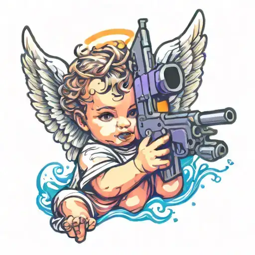 baby angel holding gun tattoo design idea