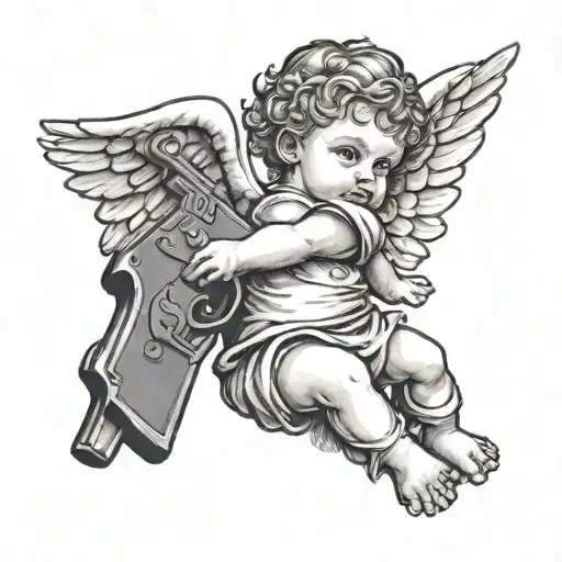 baby angel holding gun tattoo design idea