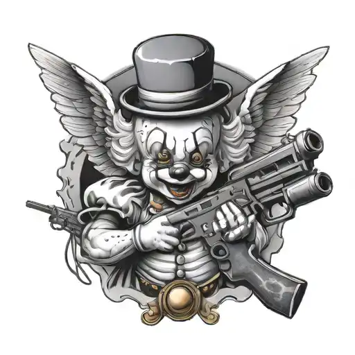 clown baby angel holding gun  tattoo design idea