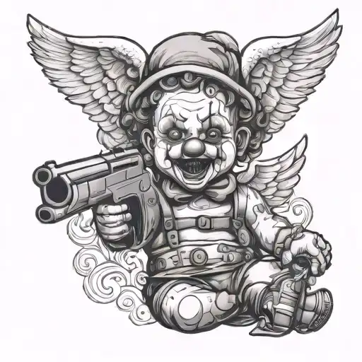 clown baby angel holding gun  tattoo design idea