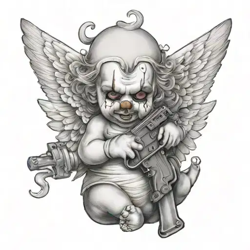 clown baby angel holding gun  tattoo design idea