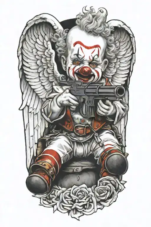 clown baby angel holding gun  tattoo design idea
