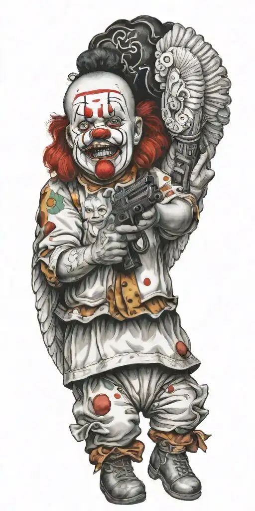 clown baby angel holding gun  tattoo design idea