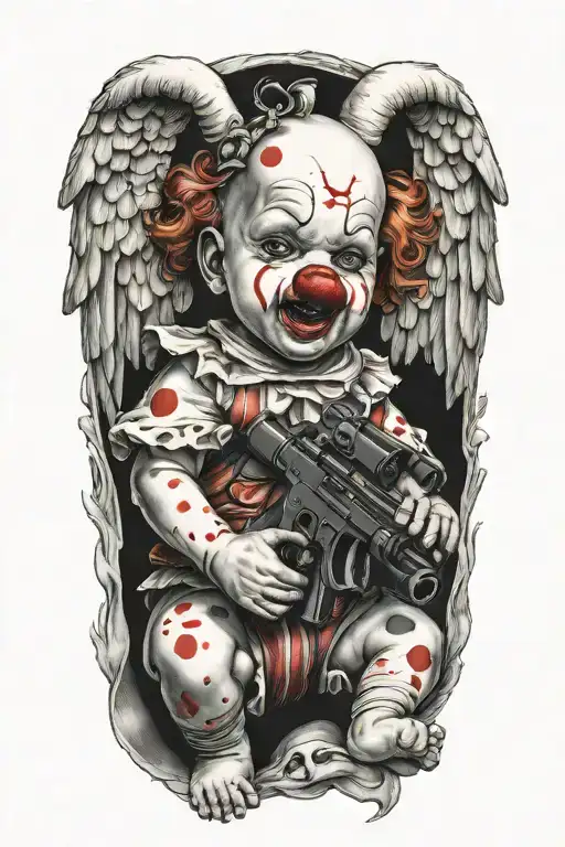 clown baby angel holding gun  tattoo design idea
