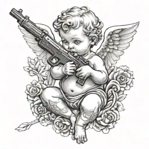 gangser tattoed baby angel holding gun tattoo design idea