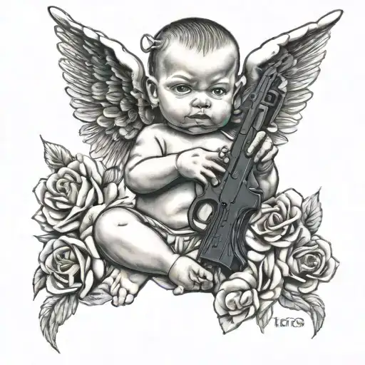 gangser tattoed baby angel holding gun tattoo design idea