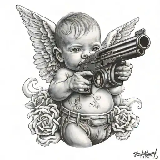 gangster tattooed baby angel hoding gun tattoo design idea
