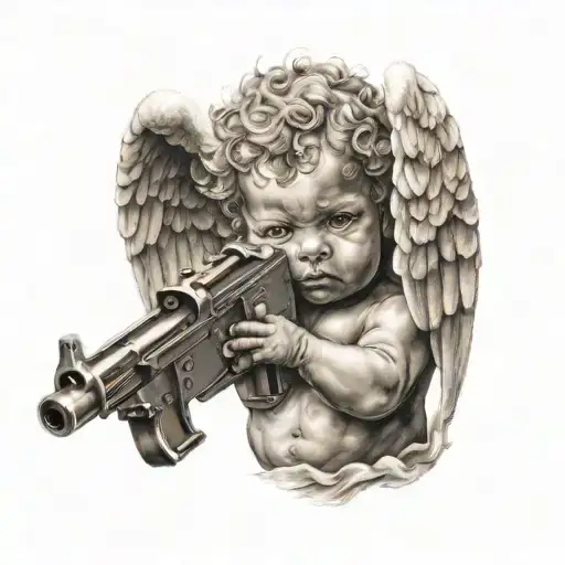 gangser baby angel holding gun tattoo design idea