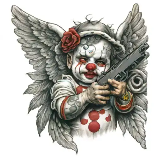 clown baby angel holding gun tattoo design idea