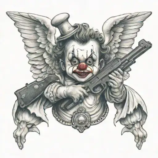 clown baby angel holding gun tattoo design idea
