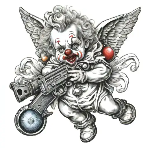 clown baby angel holding gun tattoo design idea