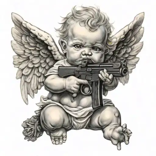 gangser baby angel holding gun tattoo design idea