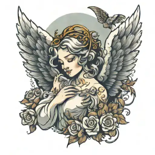 The angel has a more playful and friendly appearance, with rounded and smiling features. The wings are large and fluffy, tattoo design idea