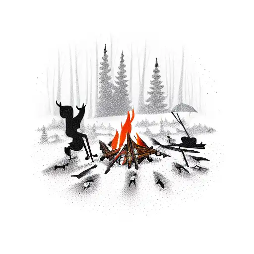 A campfire scene with silhouettes of wildlife, capturing the client's passion for camping and wildlife tattoo design idea
