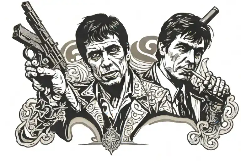 Scarface tony Montana in the middle of the name written tattoo design idea