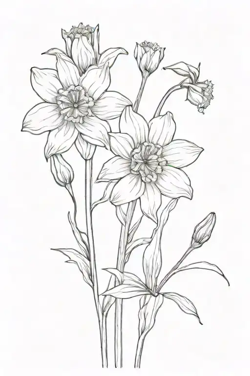 3 flowers: a Daffodil, a daisy, and a marigold with long stems tattoo design idea
