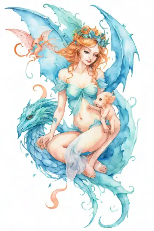 fairy and baby dragons one blue tattoo design idea