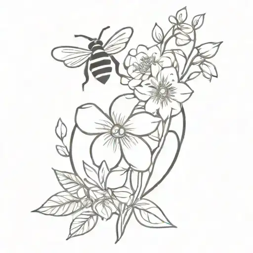bouquet of flowers with a bee and pretzel incorporated  tattoo design idea