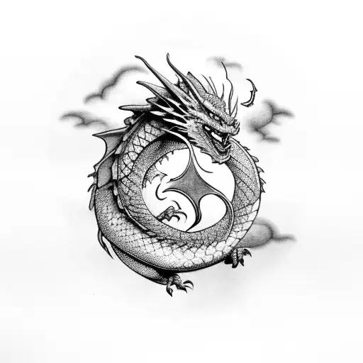 Dragon curled up in a peaceful slumber surrounded by clouds tattoo design idea