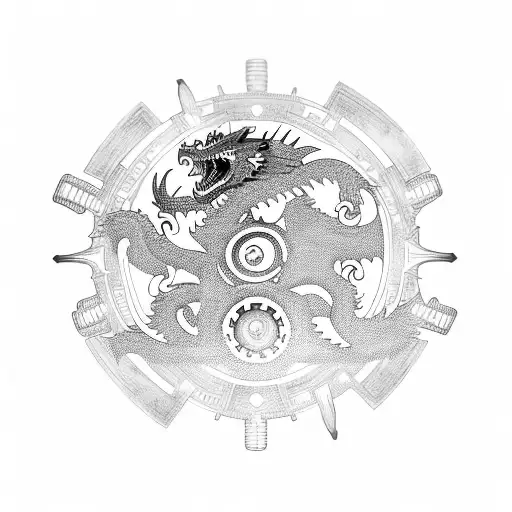 Operational gears intertwined with a dragon's silhouette symbolizing balance and control tattoo design idea