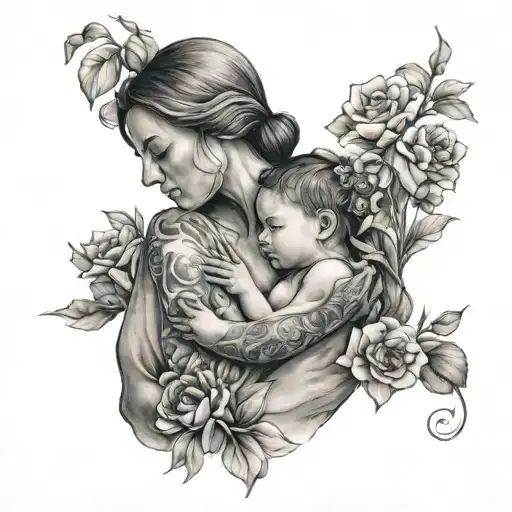 A portrait of a mother and child embracing, surrounded by flowers tattoo design idea