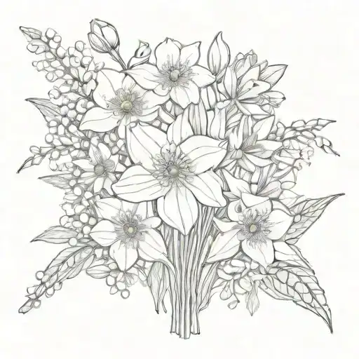 bouquet with cosmos, narcissus, daffodil, daisy, lily of the valley, snow drop, peony  tattoo design idea