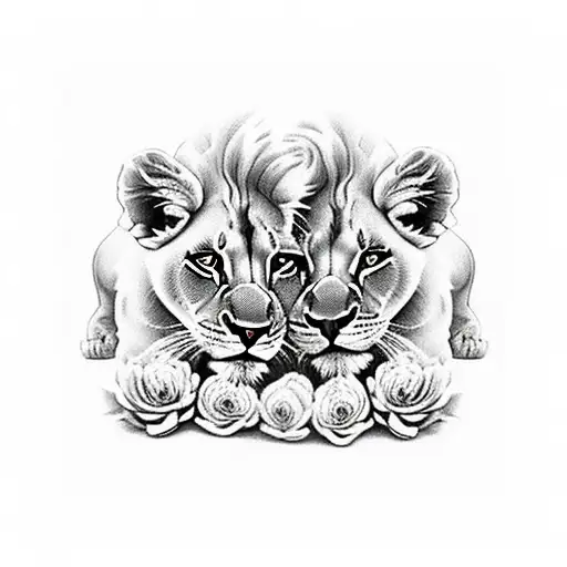 lioness and lion cub next to each otherwith carnations flowers and also make it coming out of a vintage picture frame  tattoo design idea