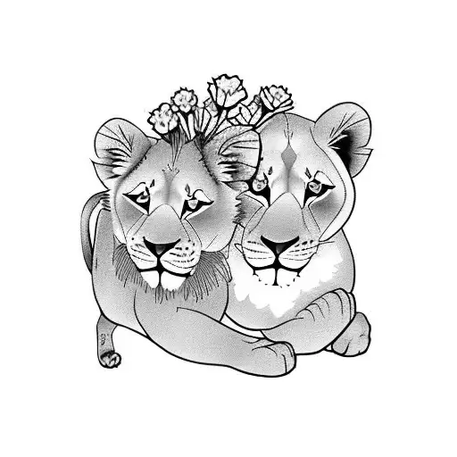 lioness and lion cub tattoo with carnations around it and also make it coming out of a vintage picture frame  tattoo design idea