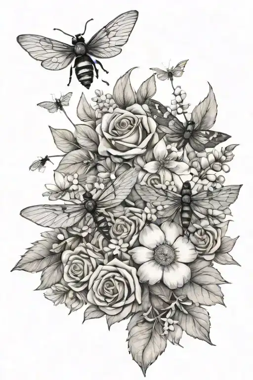 bouquet with roses, daisy, Lily of the valley, marigold, violet, bees, dragon flies tattoo design idea