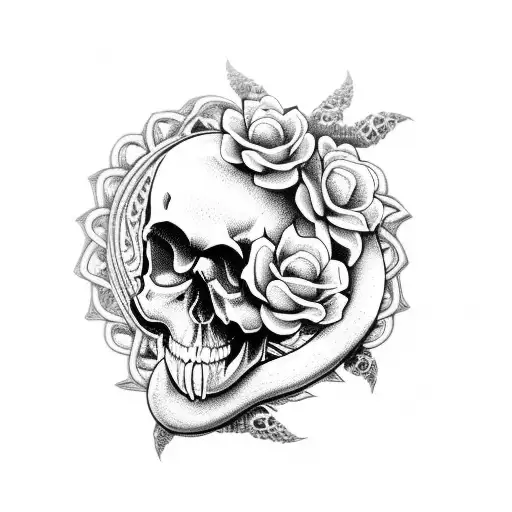 skull with flowers and serpent tattoo design idea