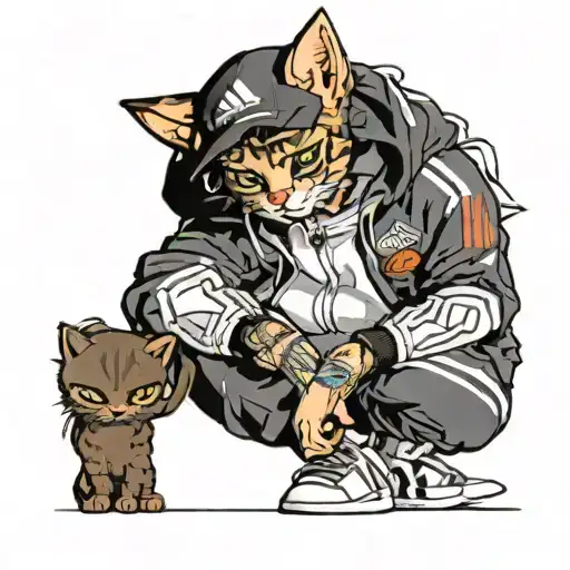 Neo Traditional Cat Wearing Adidas Tracksuit Holding. Tattoo BlackInk AI