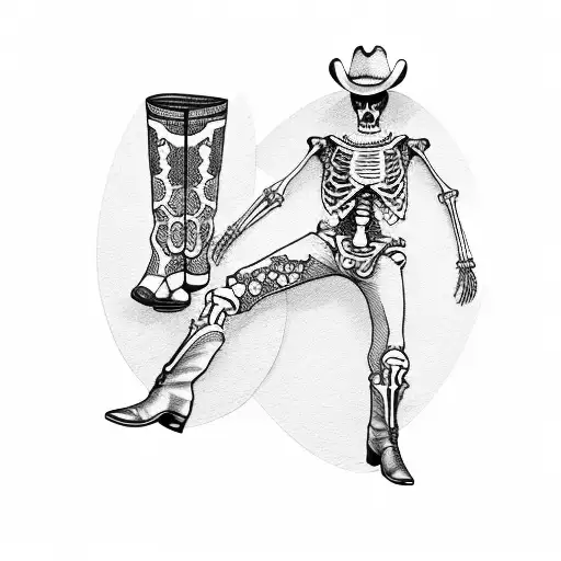 full body skeleton wearing cowboy hat and boots doing ballet tattoo design idea