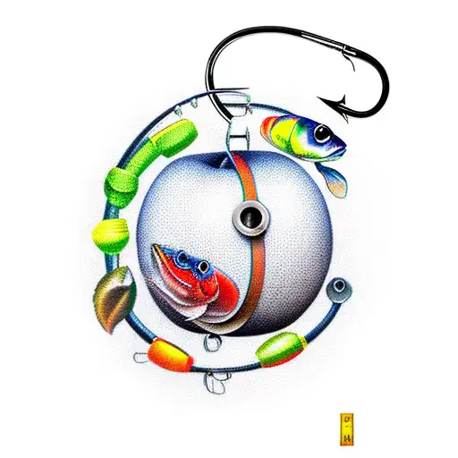 A new-school design of a fishing lure shaped like an apple tattoo design idea
