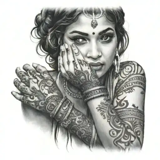 desi girl with henna on her hands in a saree tattoo design idea
