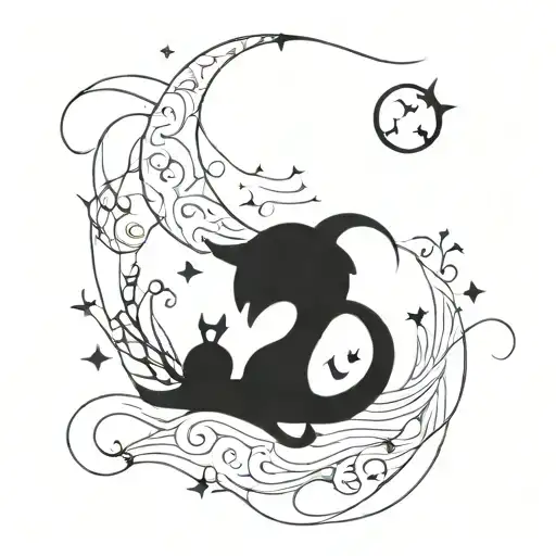 A whimsical gothic design with moon and star motifs intertwined with mystical creatures tattoo design idea
